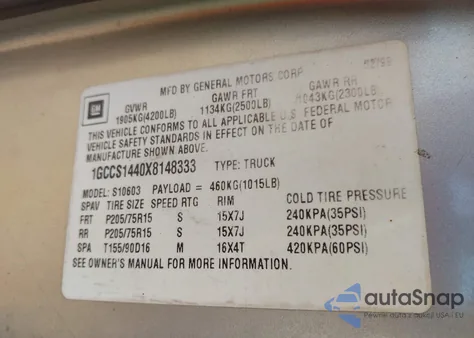 1999 Chevrolet S-10 z USA, uszkodzony, nr VIN 1GCCS1440X8148333